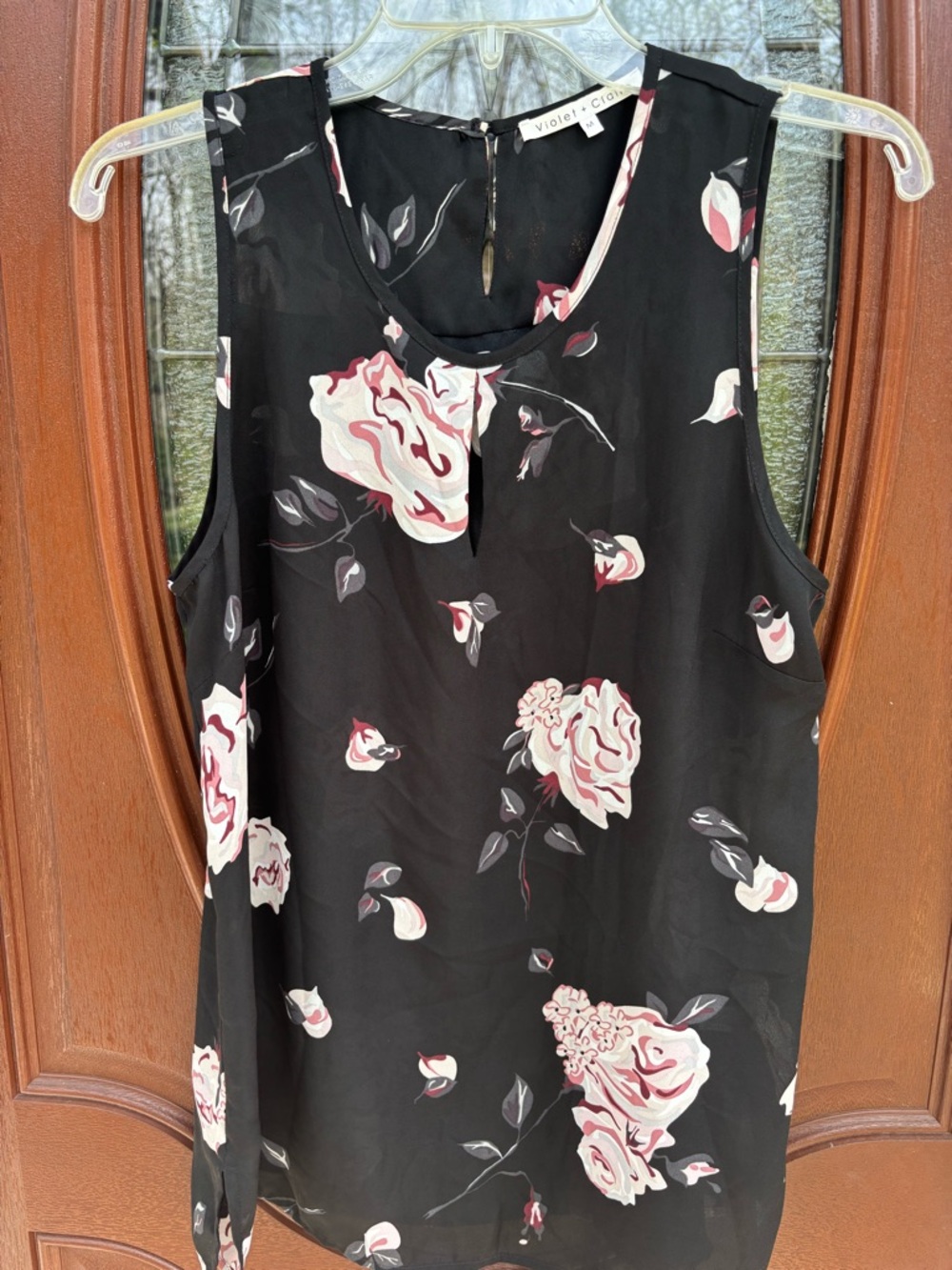Violet & Claire Black Floral Sleeveless Camisole with Pink Rose Print